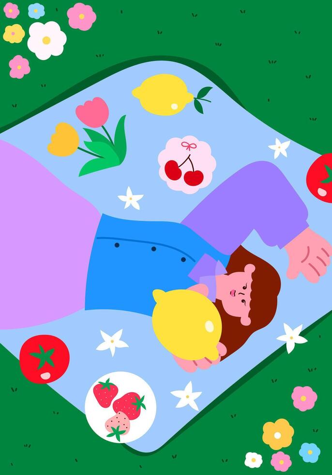 Person lying on a picnic blanket with fruits vector