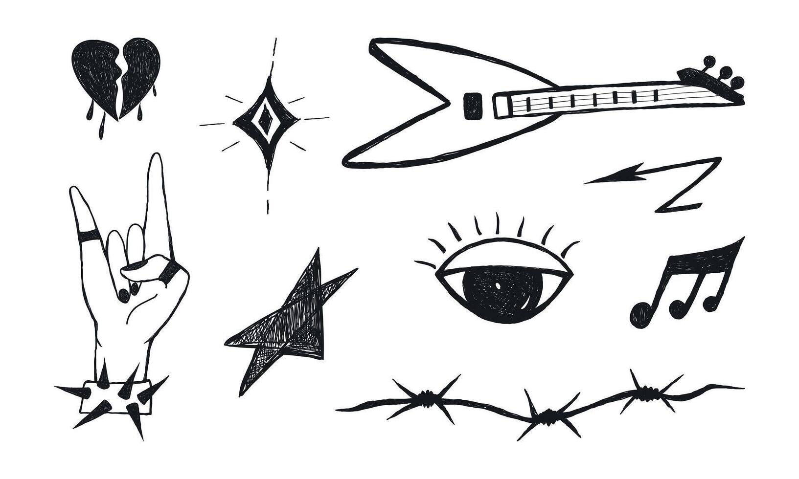 Grunge punk rock music set. Doodle grafitti elements, tattoo crayon sketch, guitar, rebellious icons, heart, barbed wire, star, scribbles, Human hand gesture, Y2k shapes. Isolated illustration vector