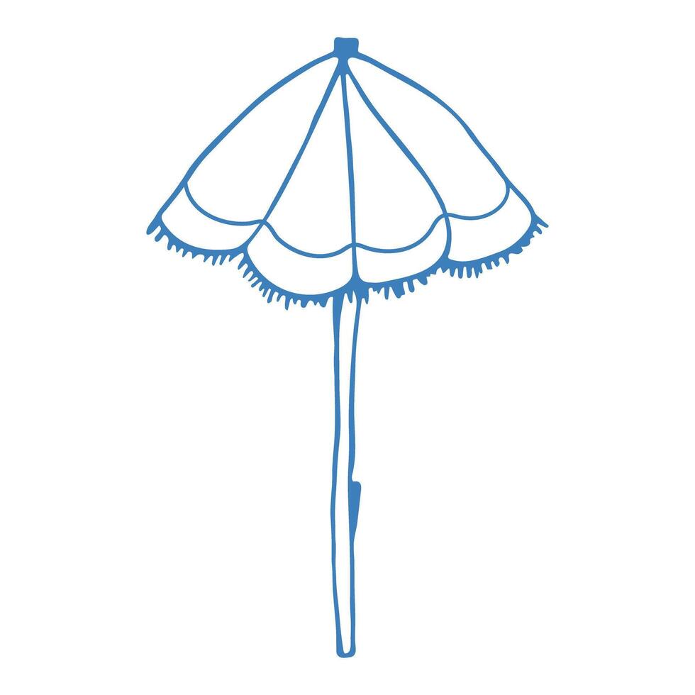 Hand drawn blue beach umbrella in doodle style. Mediterranean summer icon, element for italian print, invitation. Amalfi Ink sketch design. Flat tropical minimalist isolated illustration. vector