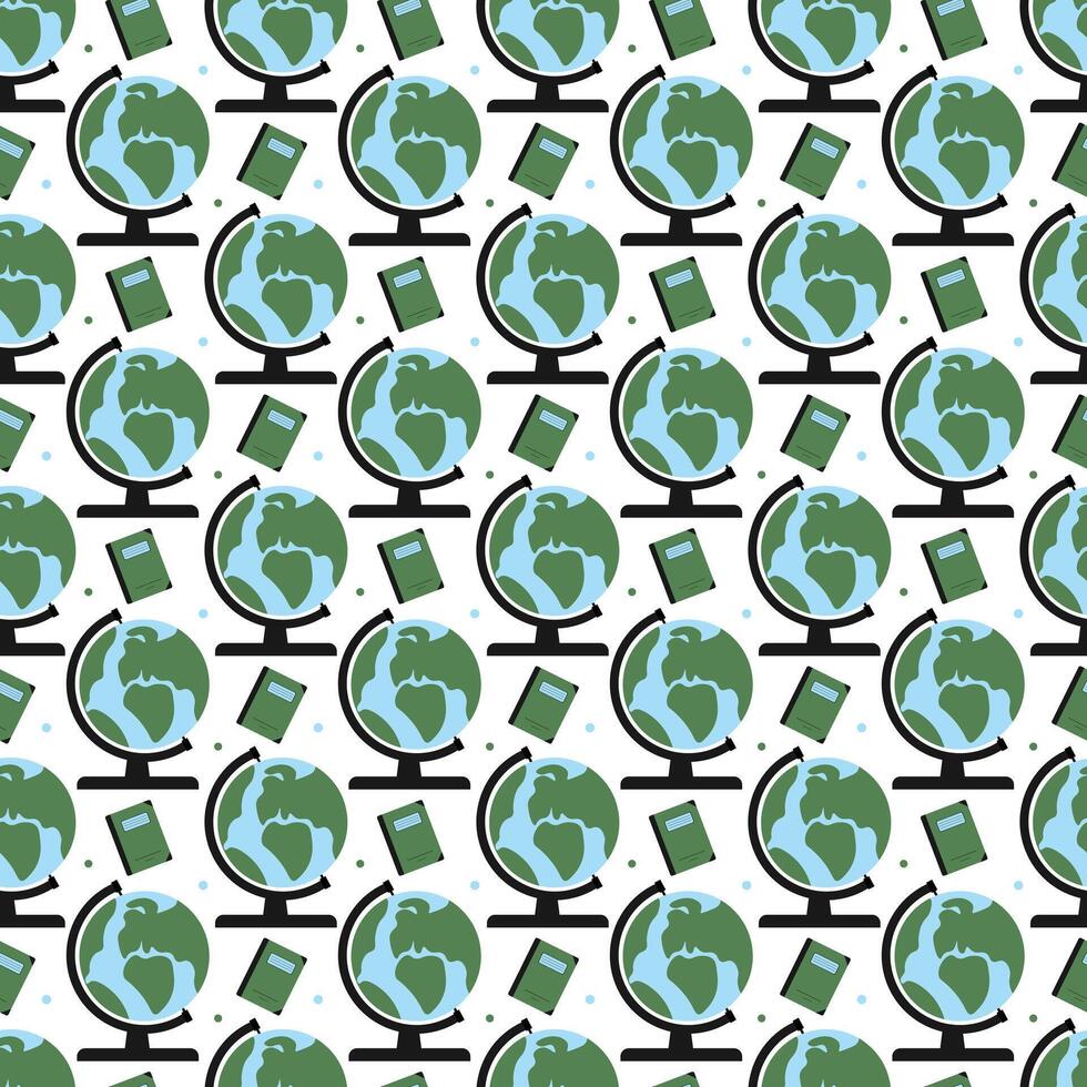 Seamless pattern with globes, notebooks, and education symbols vector
