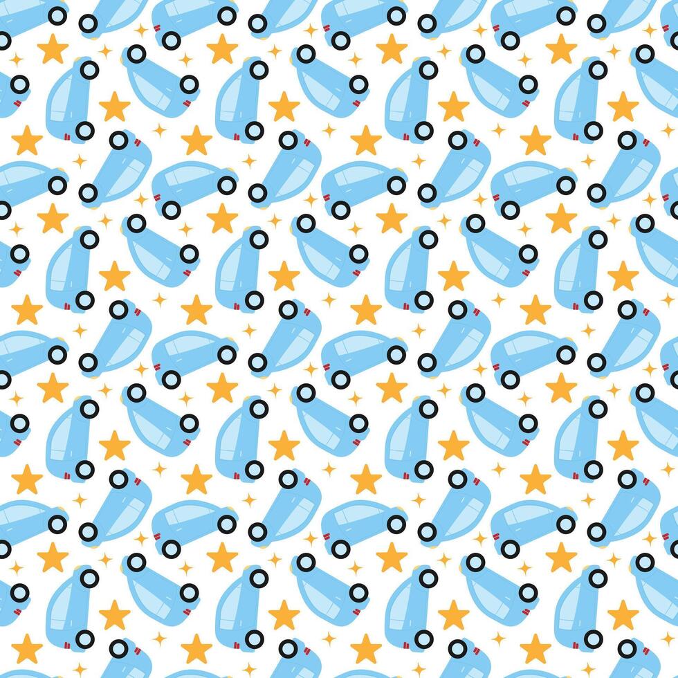 Seamless cartoon car pattern with stars for kids transport and travel themes vector