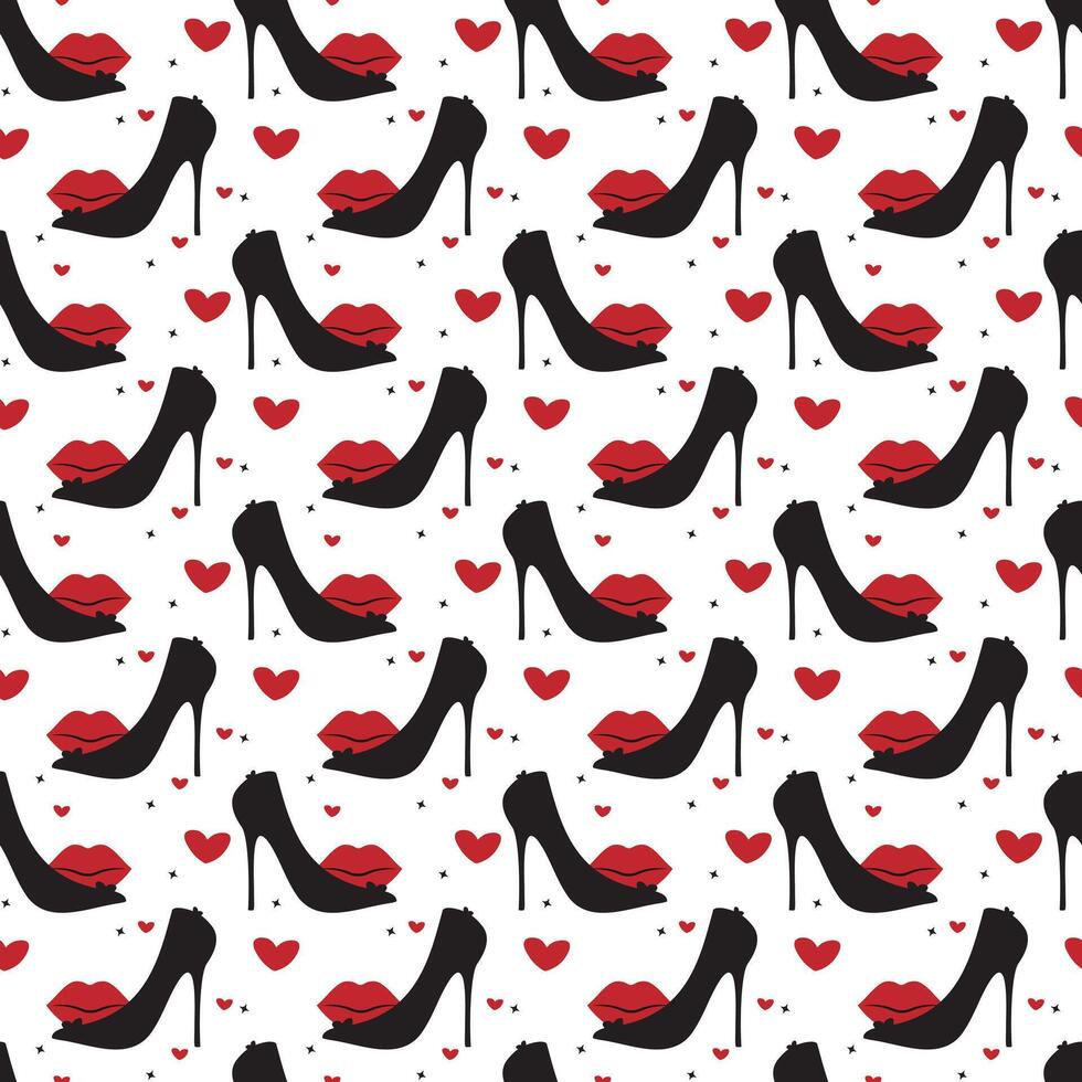 Glamorous seamless pattern of black high heels with lips and hearts. Shoes and kiss pattern vector