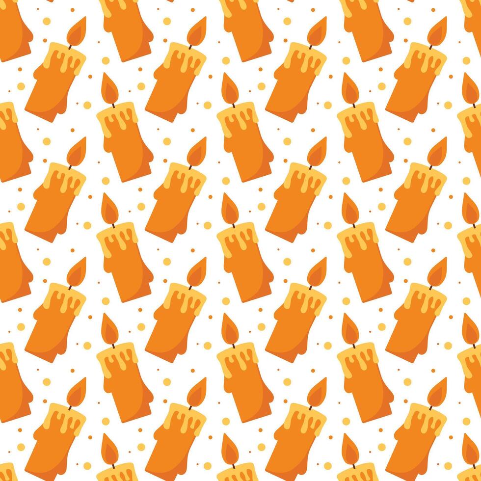 Repeating background of orange candles, flames, and cozy light. Seamless pattern with candles vector