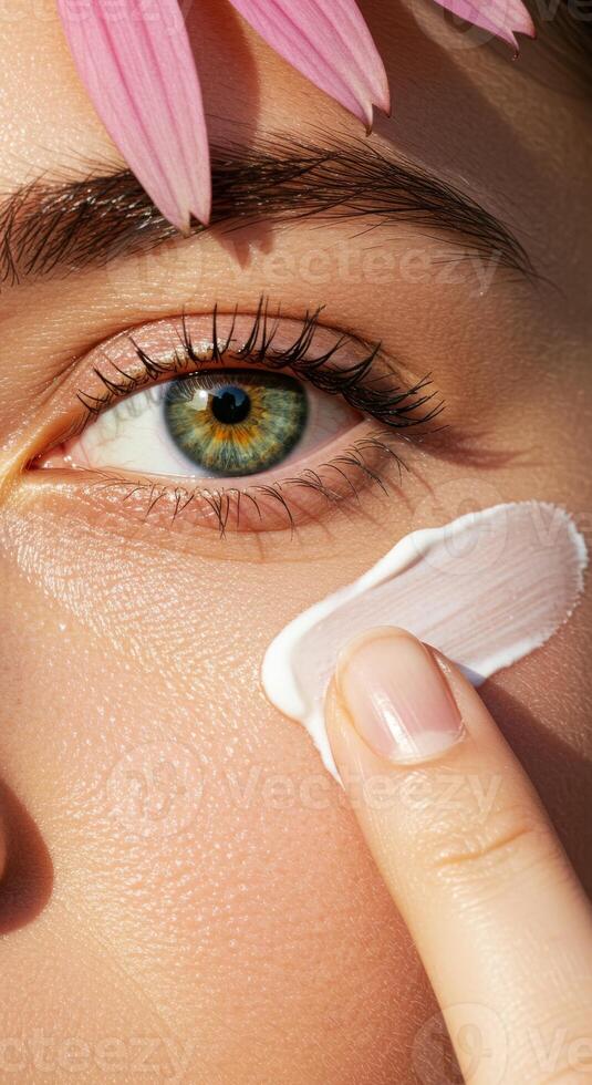 Closeup of womans face with green eye pink flower petals and cream application. photo