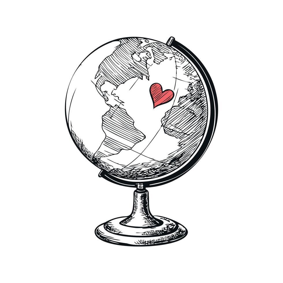 A vintage globe with a red heart drawn on the Americas. The globe is detailed with continents and oceans, resting on a classic stand. vector