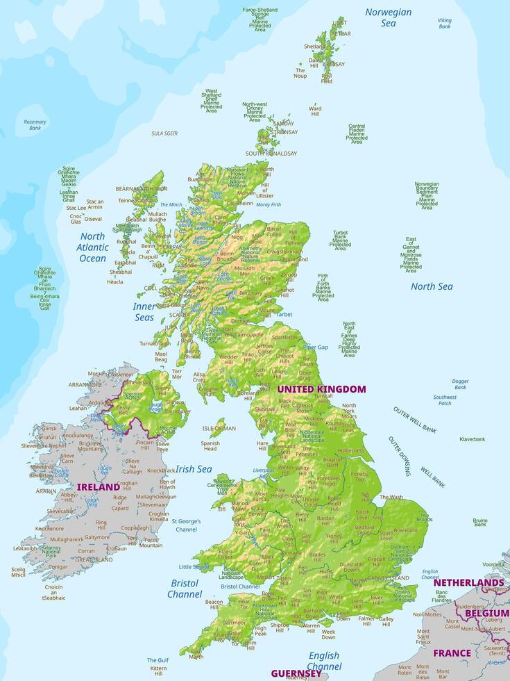 Detailed physical map of United Kingdom vector