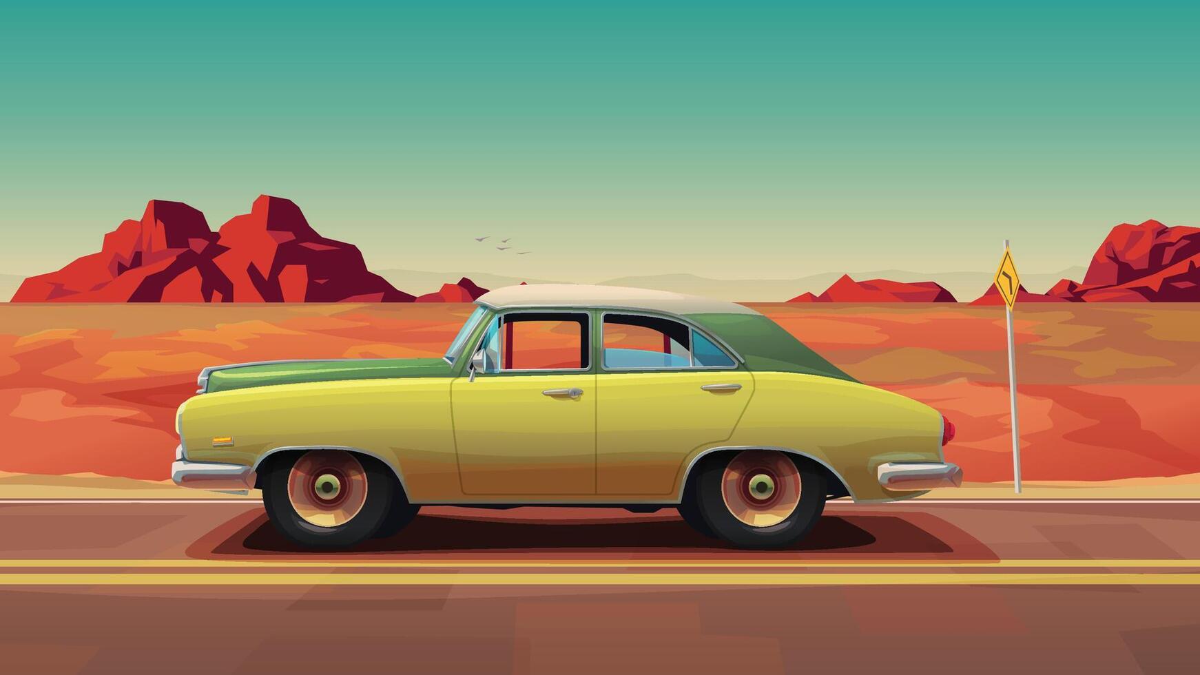 a side view vintage car in desert vector