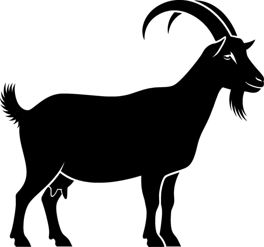 A simple black silhouette of a goat with long horns, isolated on white. vector