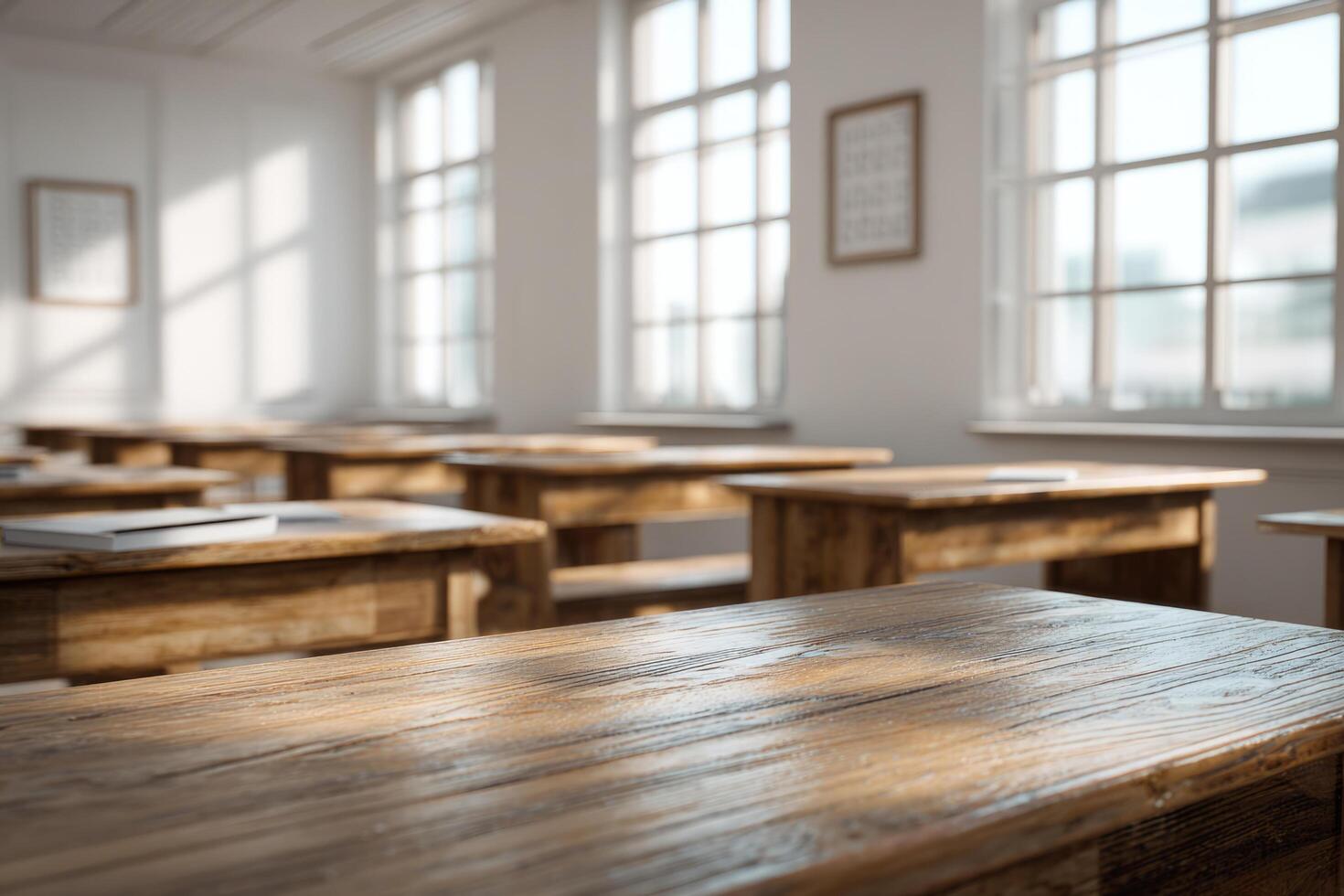 Classroom interior with wooden desks illuminated by soft sunlight photo