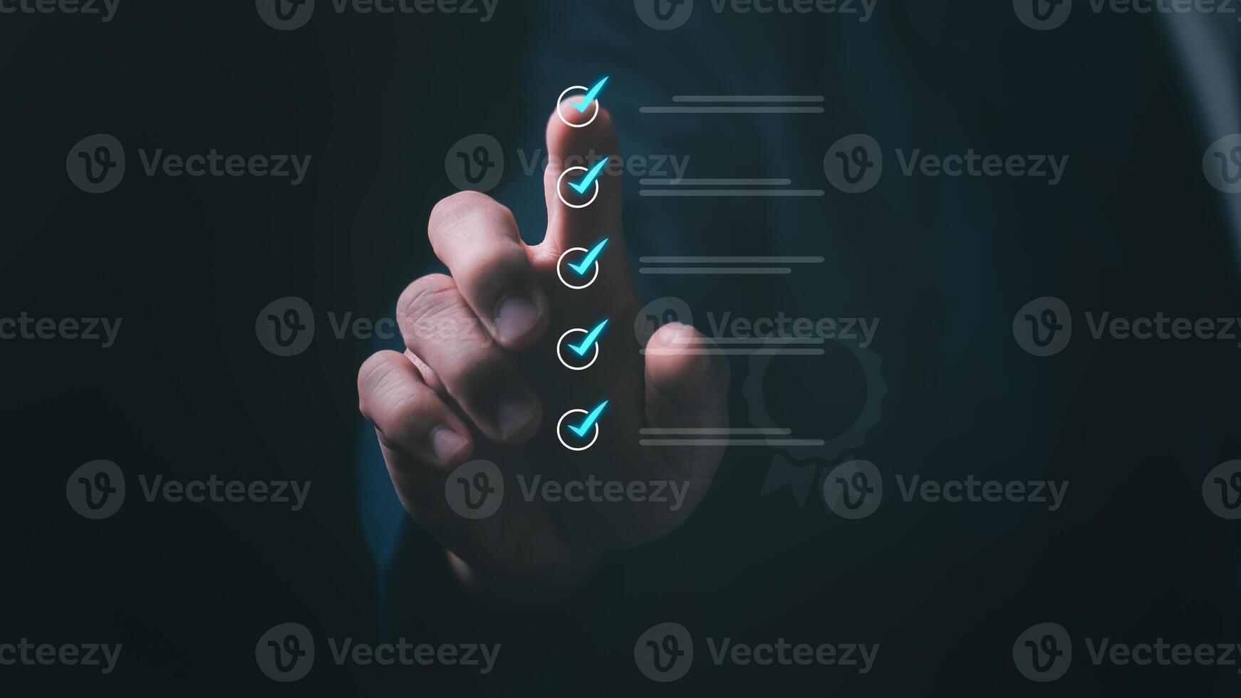Quality control and improvement to meet standards, a businessman pointing to a check mark in a box for a quality document control checklist and business project approval concept photo