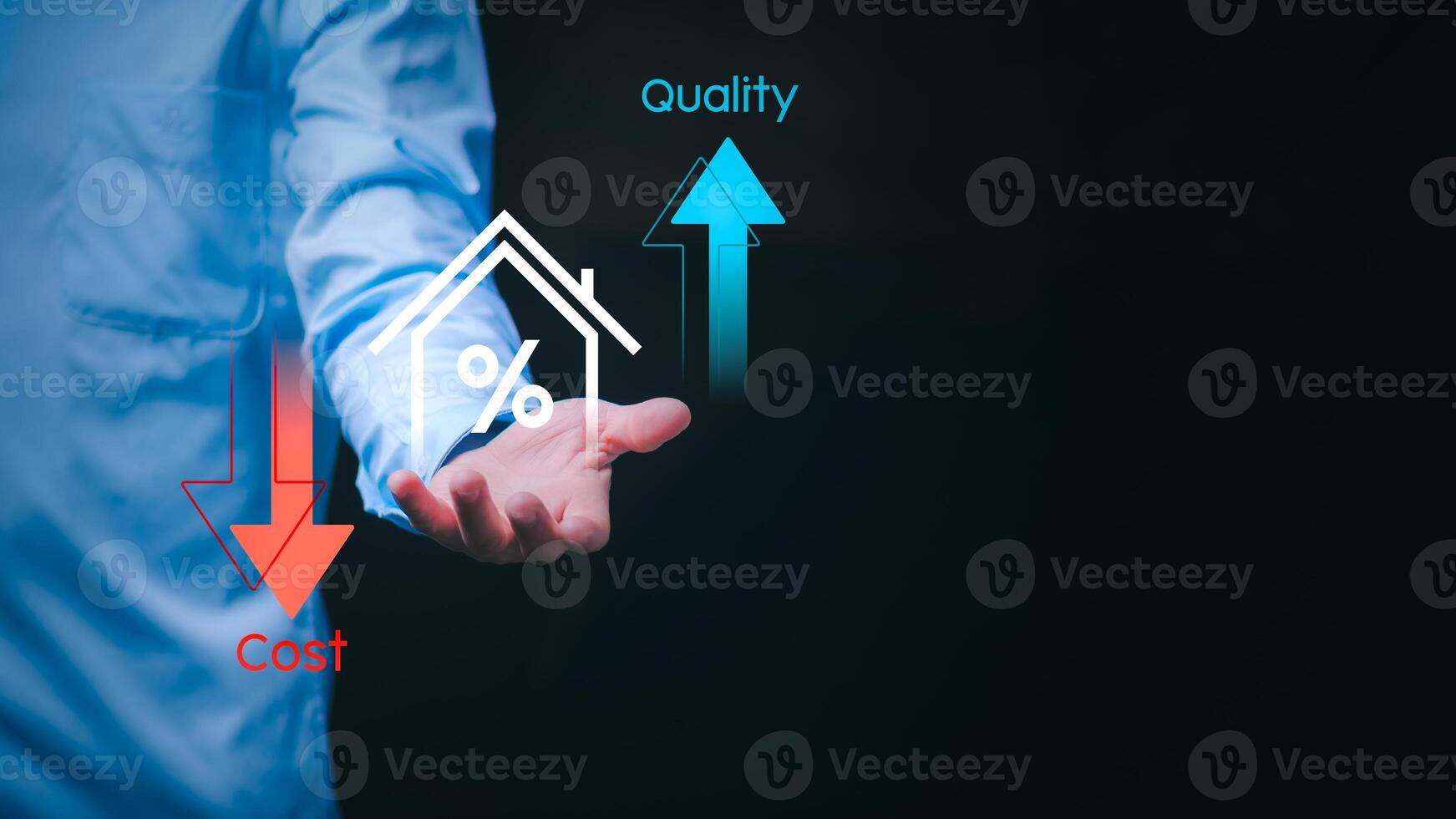 Cost and quality control concept. Businessman shows cost with down arrow and quality with up arrow for business strategy and project management, improving product and service quality. photo