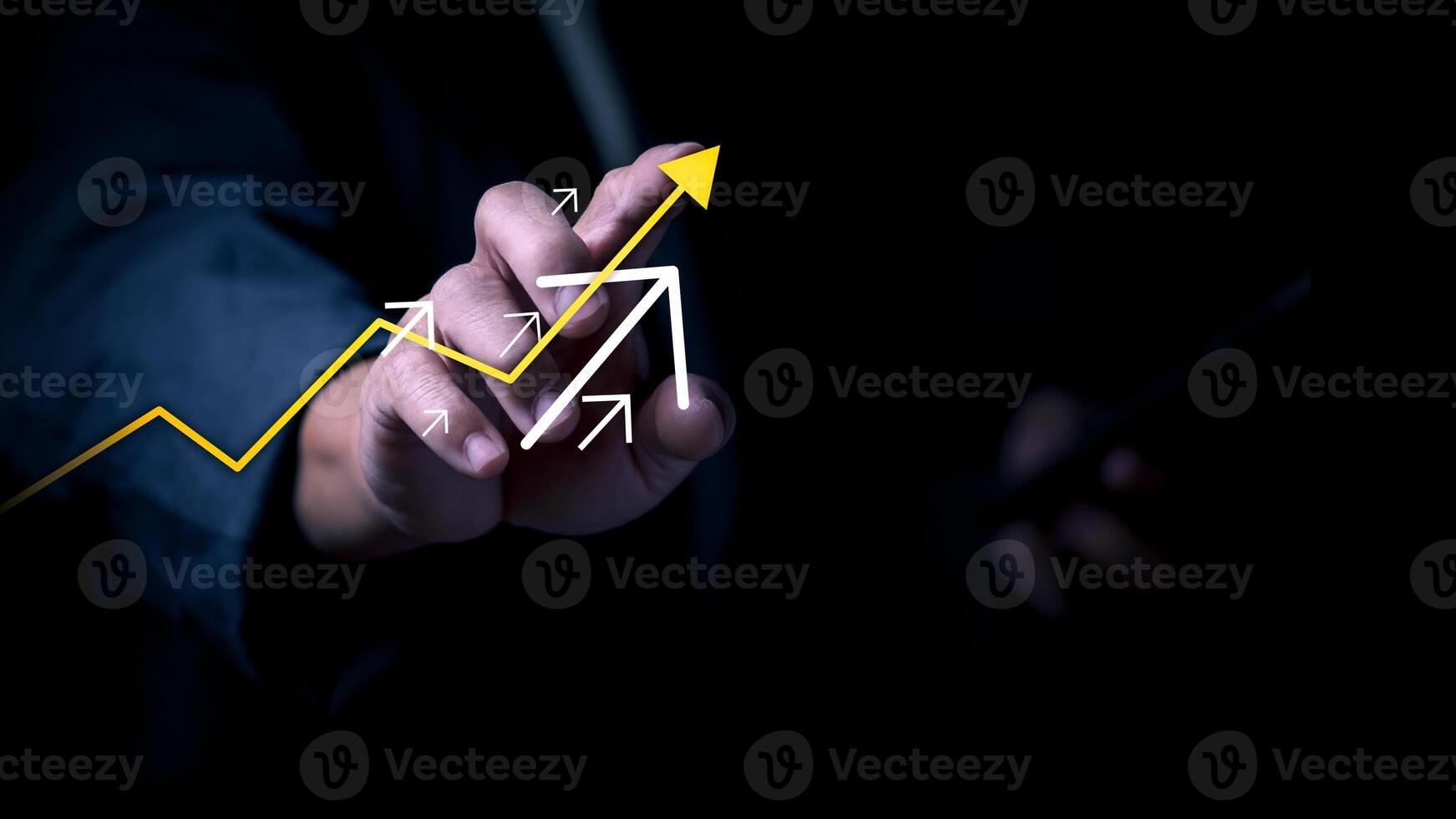 Business growth concept or progress of operations, businessman shows upward arrow graph to convey progressive and steady growth, online marketing, data analysis. photo