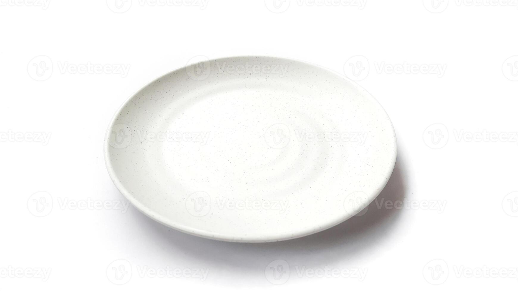 Empty circle white plate with ceramic melamin material isolated on white background photo
