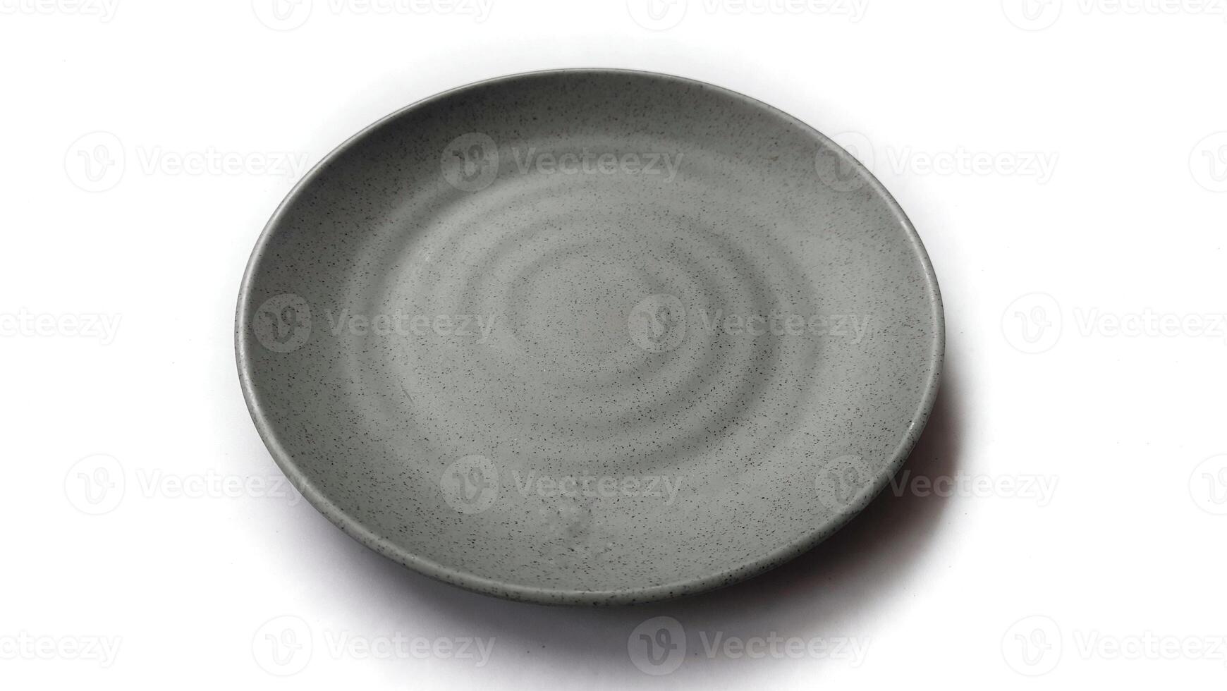 Empty circle grey plate with ceramic melamin material isolated on white background photo