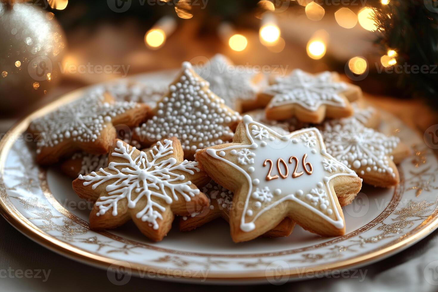 Festive holiday cookies with 2026 design on elegant plate and twinkling lights photo