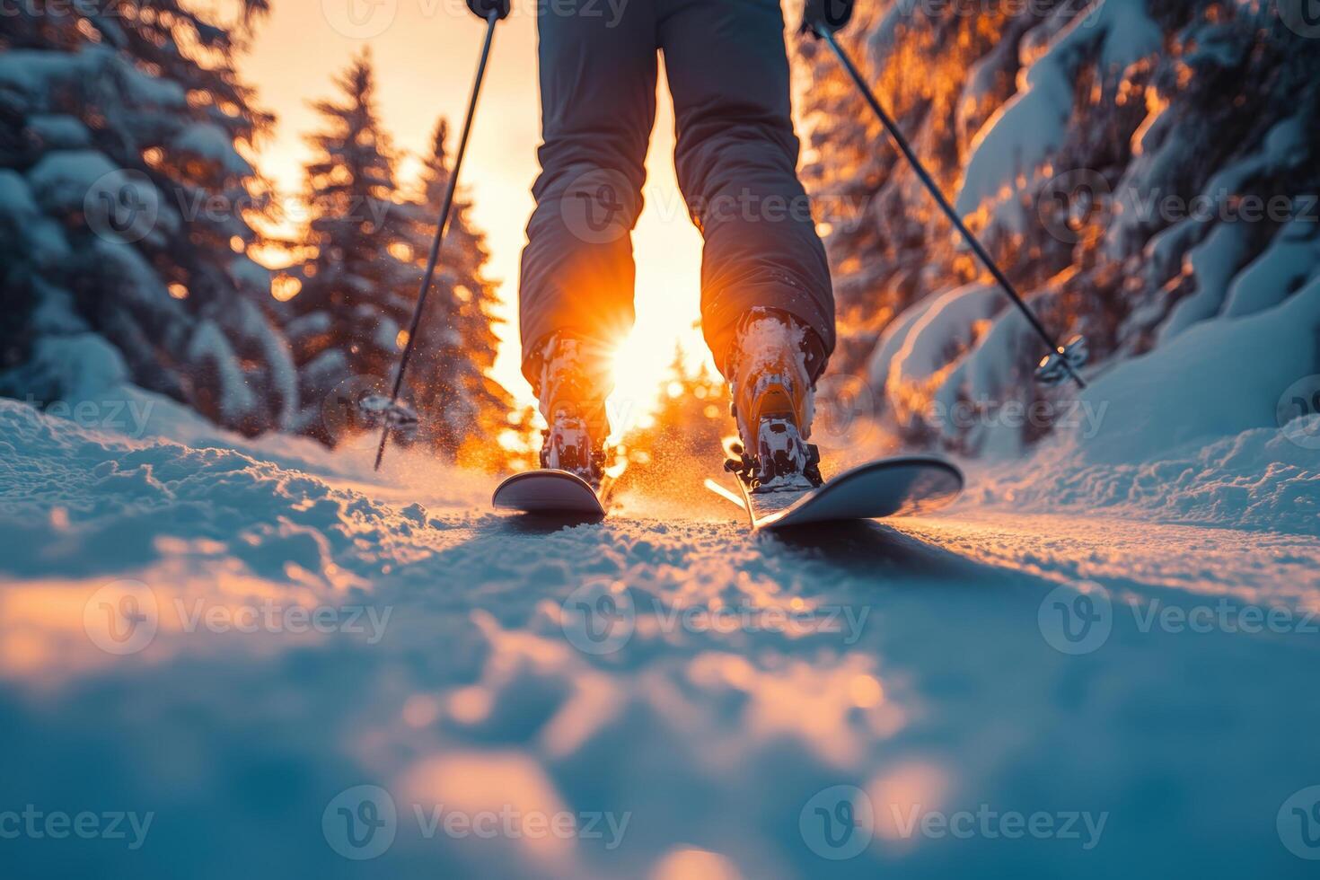 Man skiing in the snow at sunset with ski poles in a snowy forest. Copy space photo