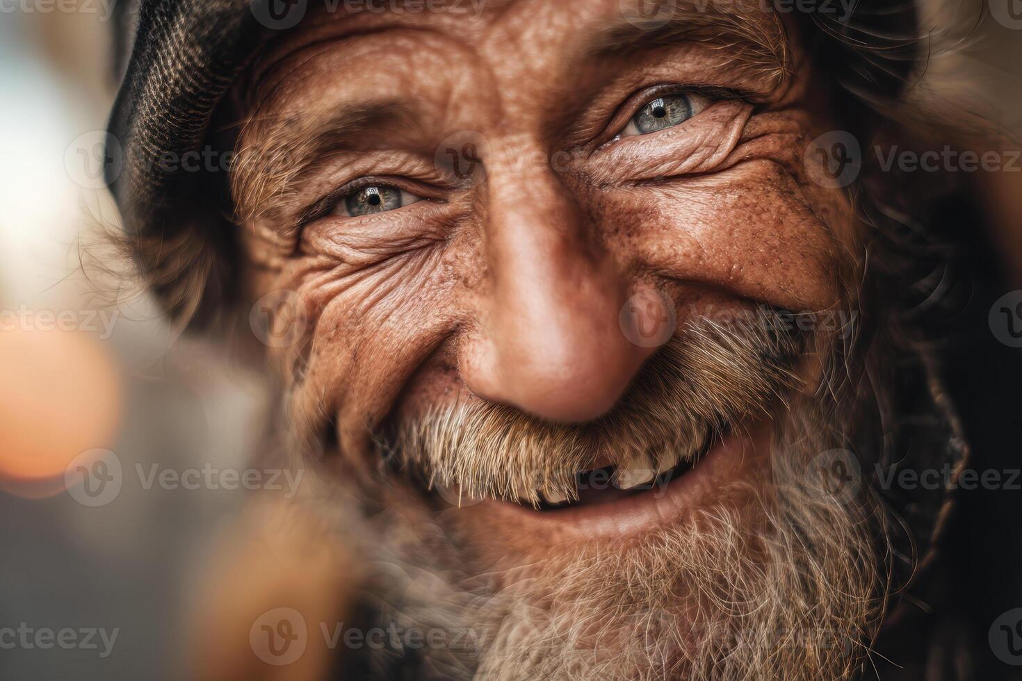 Elderly man smiling with blue eyes, wrinkled face, gray beard, outdoor, joyful expression photo
