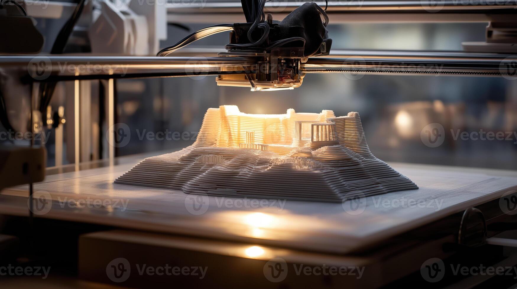 3D printer creating complex architectural model with layered structure, illuminated photo