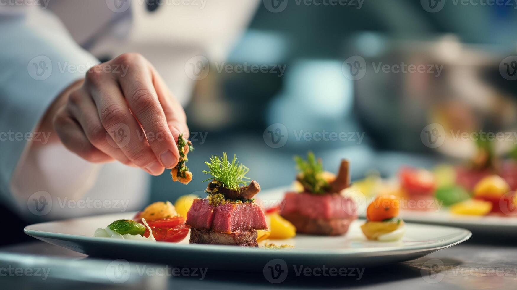 Chef hand garnish plate food fine dining restaurant Chef hand garnishing fine dining plate with photo