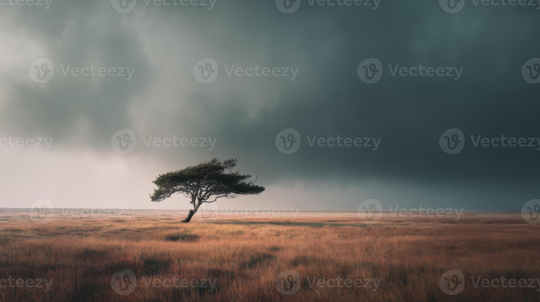 Lone tree in a stormy field photo