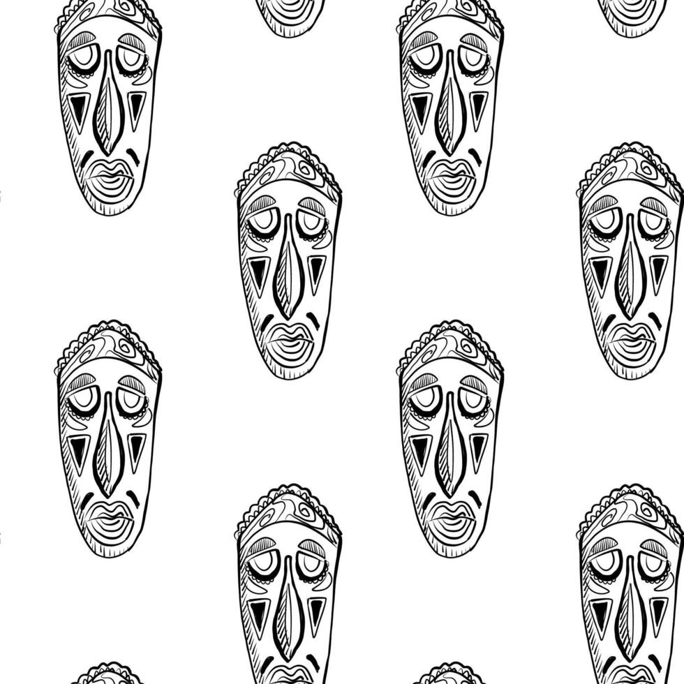 Abstract illustrations of traditional masks arranged in a repetitive pattern on a minimalistic background vector