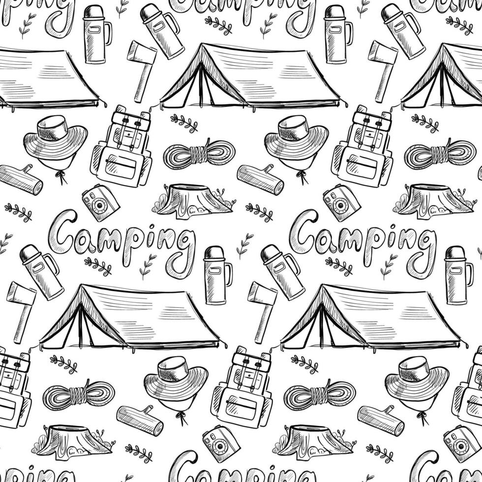 pattern featuring outdoor camping gear and elements ideal for adventure enthusiasts and nature lovers vector