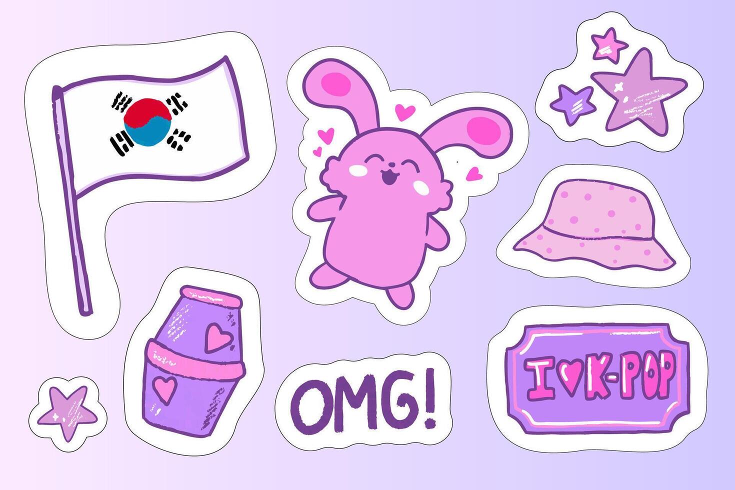 Cute collection of stickers featuring K-pop culture and Korean symbols on a pastel background vector
