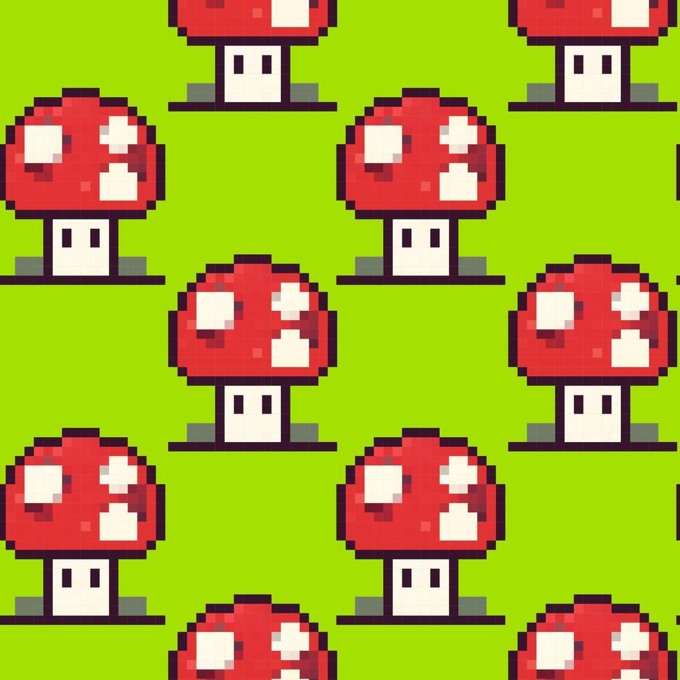 Colorful pixelated mushroom pattern on a bright green background showcasing whimsical design elements for various uses vector