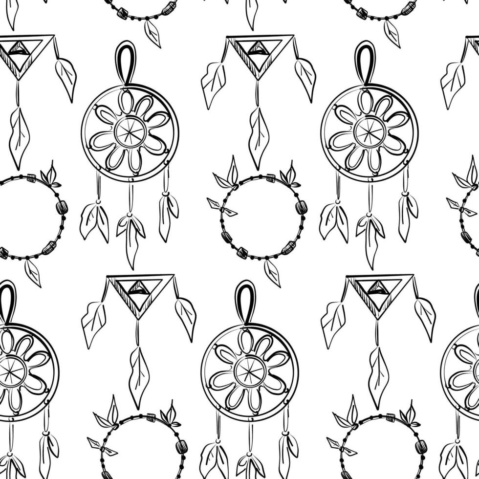 Decorative illustration of dreamcatchers with floral designs and geometric elements in a repeating pattern vector