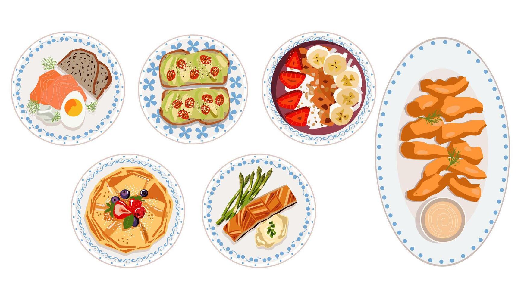 Various healthy meals on plates vector