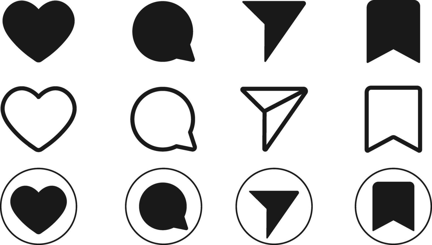 social media icons set -heart, paper plane, speech bubble, bookmark vector