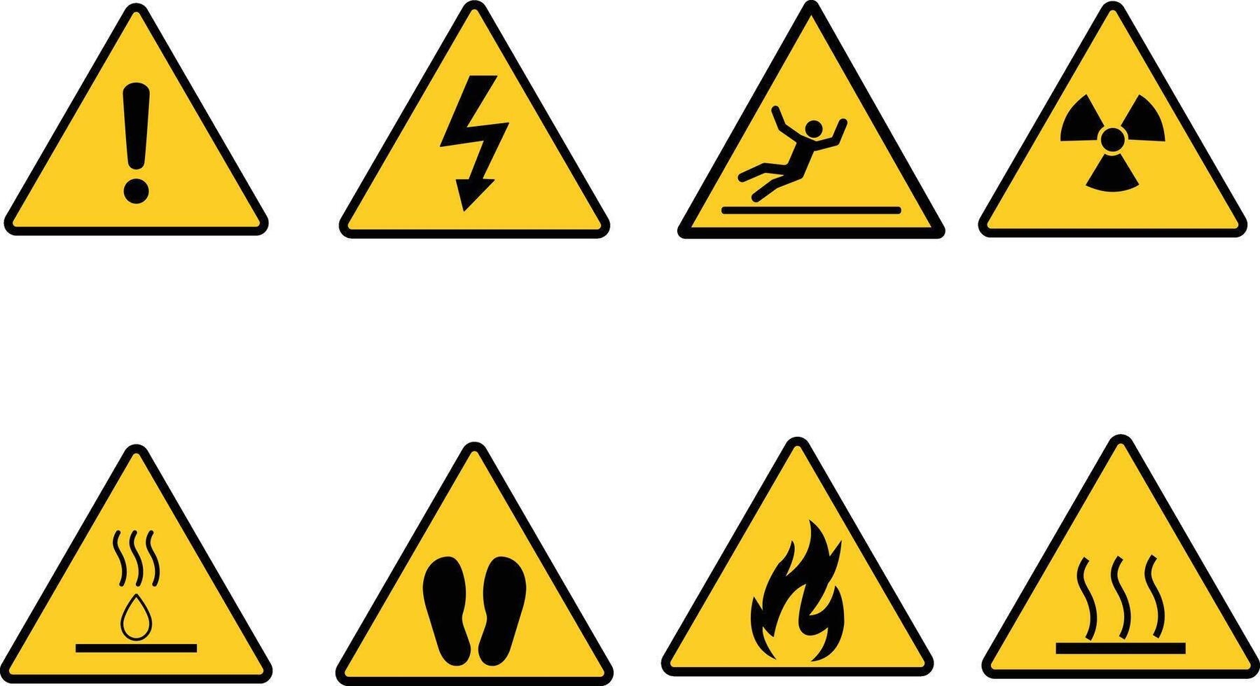 Set of Yellow Triangle Safety Signs with Exclamation, Slipping, Radiation, Steam, Flame, Footprints, and Electrical Hazard Symbol vector
