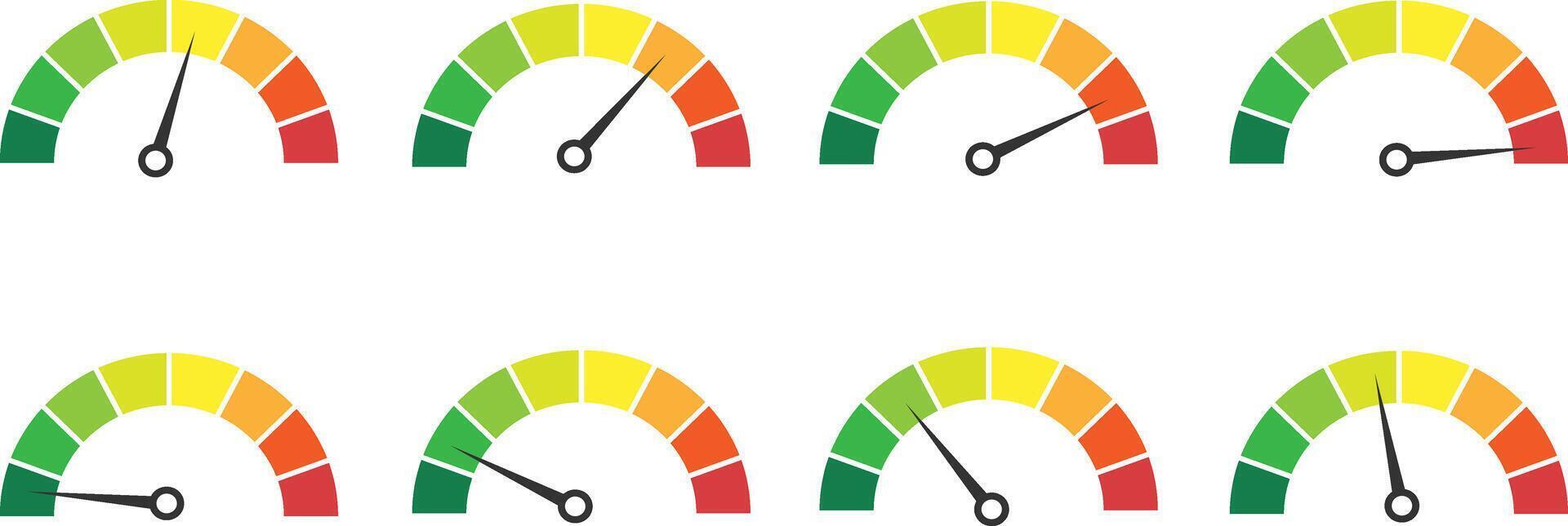 Set of Color Coded Gauge Meters with Variable Needle Positions . Performance Indicator and Dashboard UI Illustration vector
