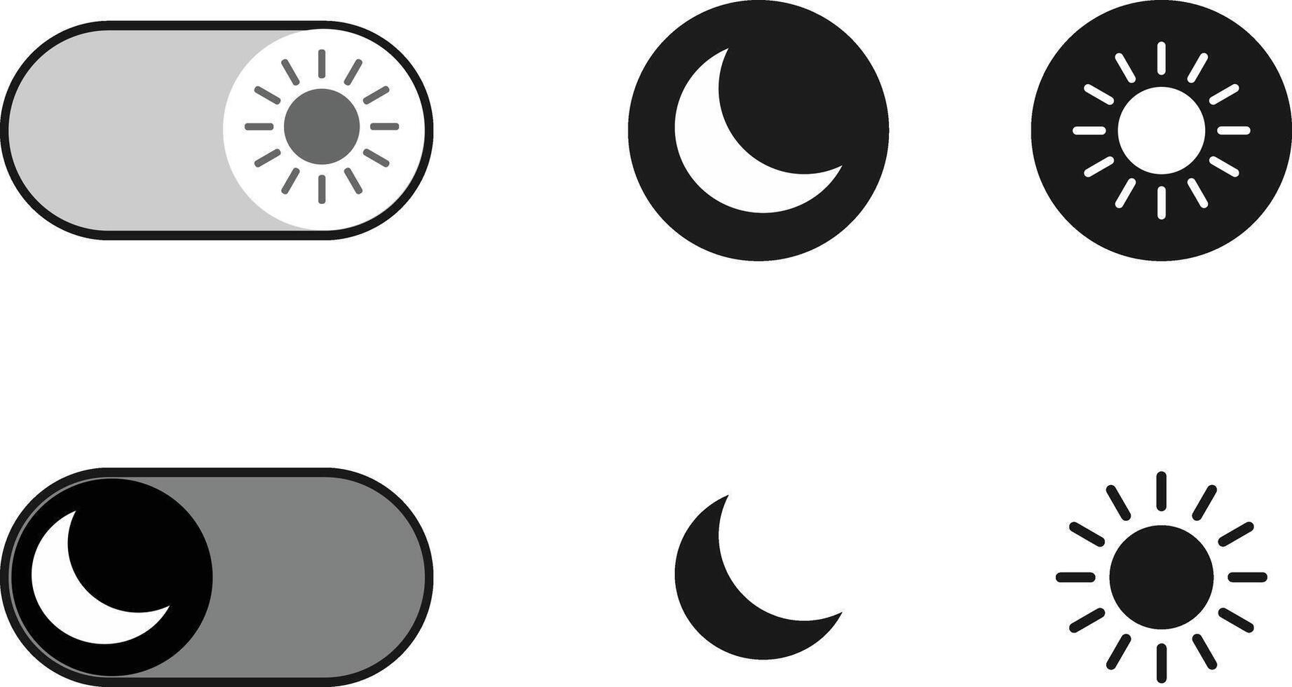 Day and Night Mode UI Elements. Toggle Switches, Sun, and Moon Icons for Theme Settings Illustration vector