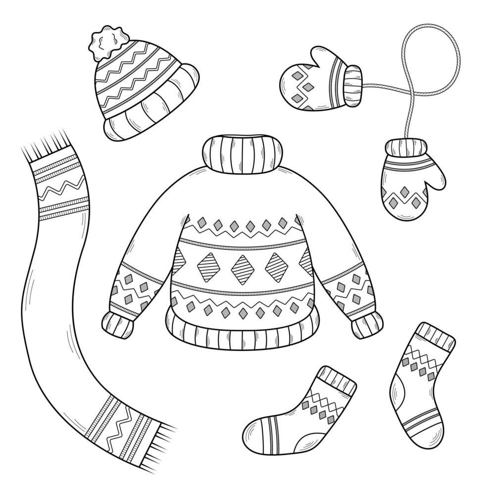 Set of cozy winter clothes. Hand-drawn icons in doodle sketch style. illustration isolated on white background. vector