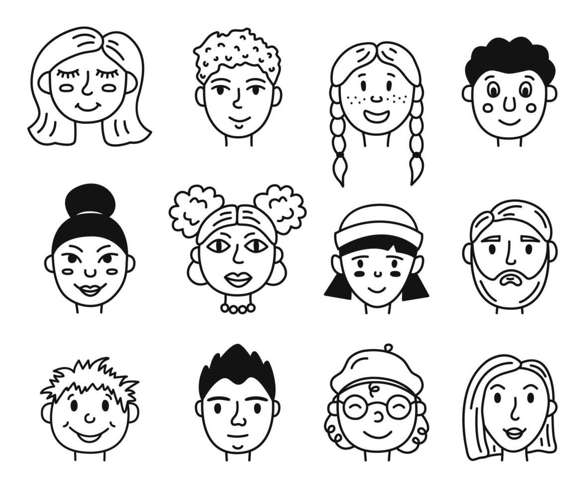 Set of different people avatars for social media. Hand drawn face portraits. Doodle sketch style. Isolated illustration. vector