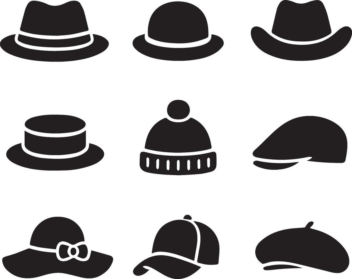 Nine black silhouette hat icons on a white background. vector