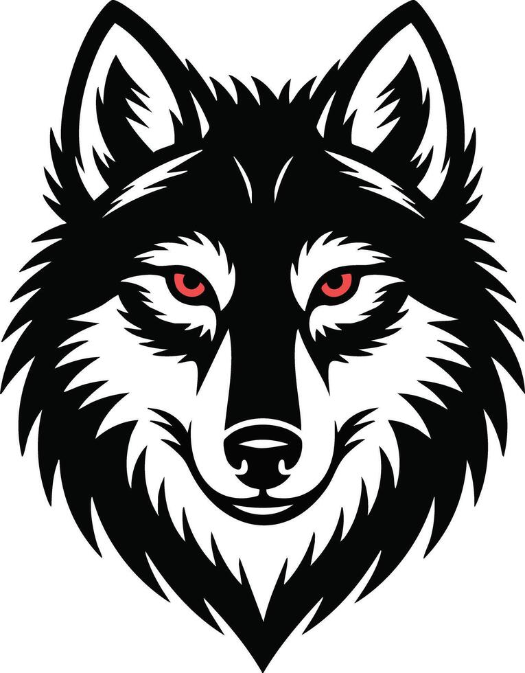 Fierce Stylized Wolf Head - Black and White illustration with Red Eyes vector