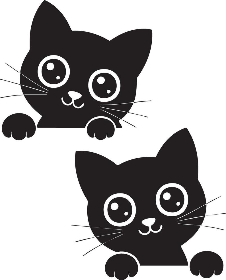 Cute Cartoon Cats Duo - Black and White Minimalist Peeking Kitten Illustration vector