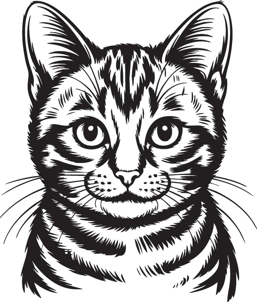 Black and White Cat Illustration - Hand-Drawn Line Art of a Tabby Cat Face vector