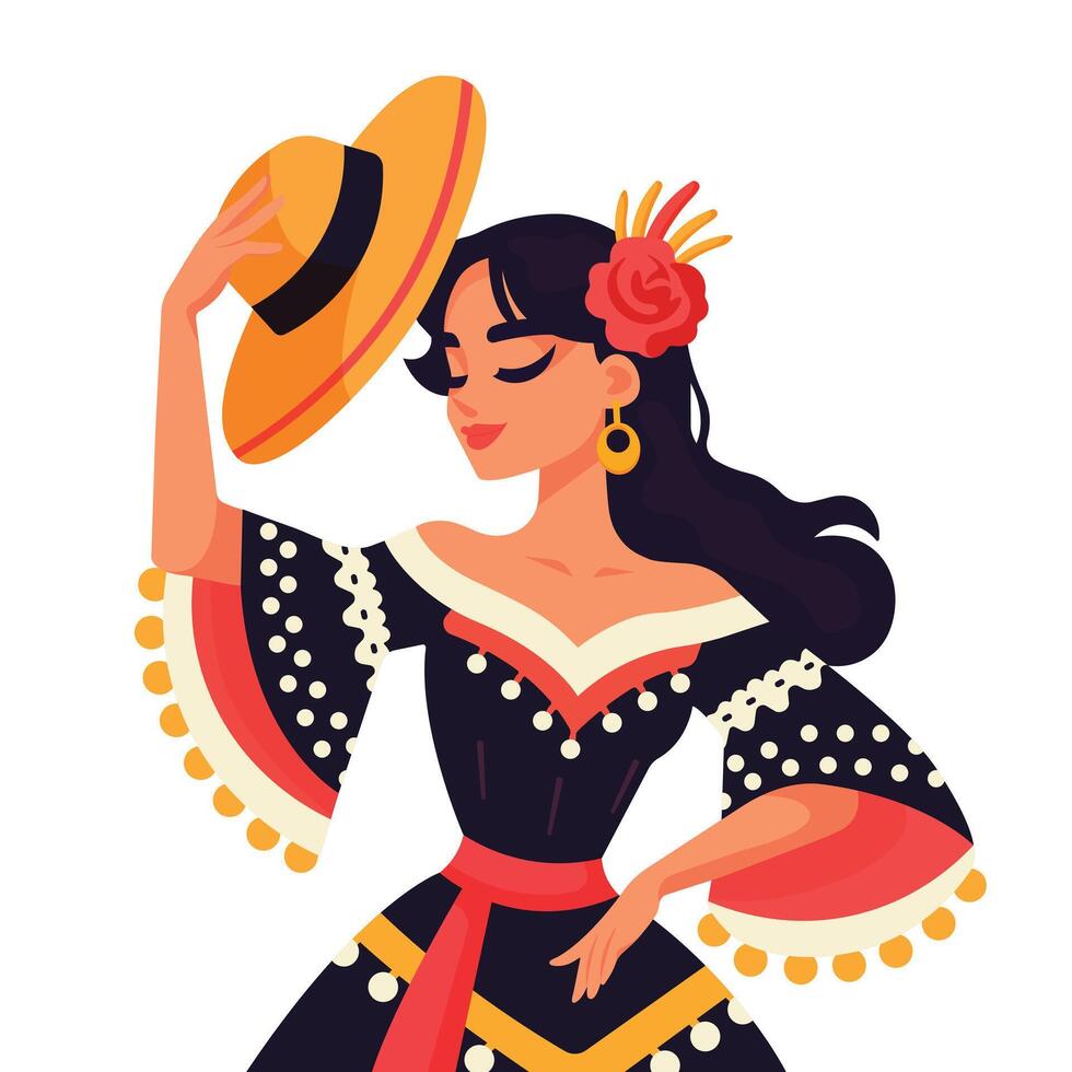 Beautiful Hispanic Woman in Traditional Dress Holding Hat Illustration. vector
