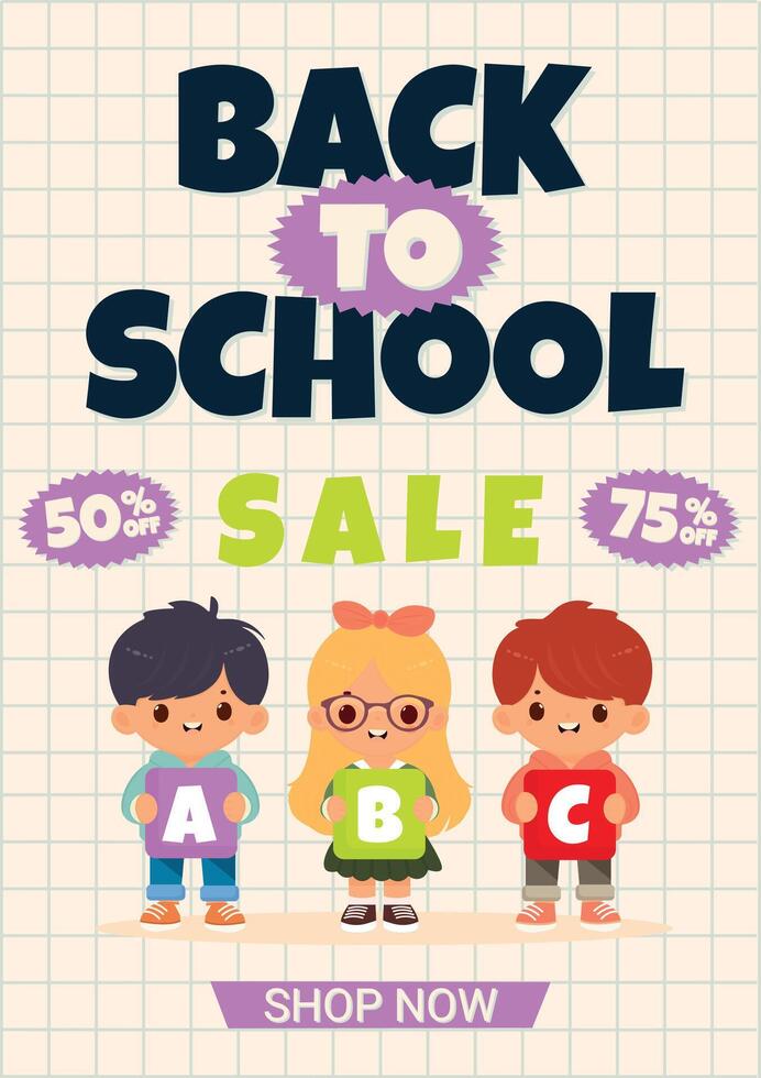Back to School Sale Poster with Cute Children Holding ABC Letters Flat Illustration. vector