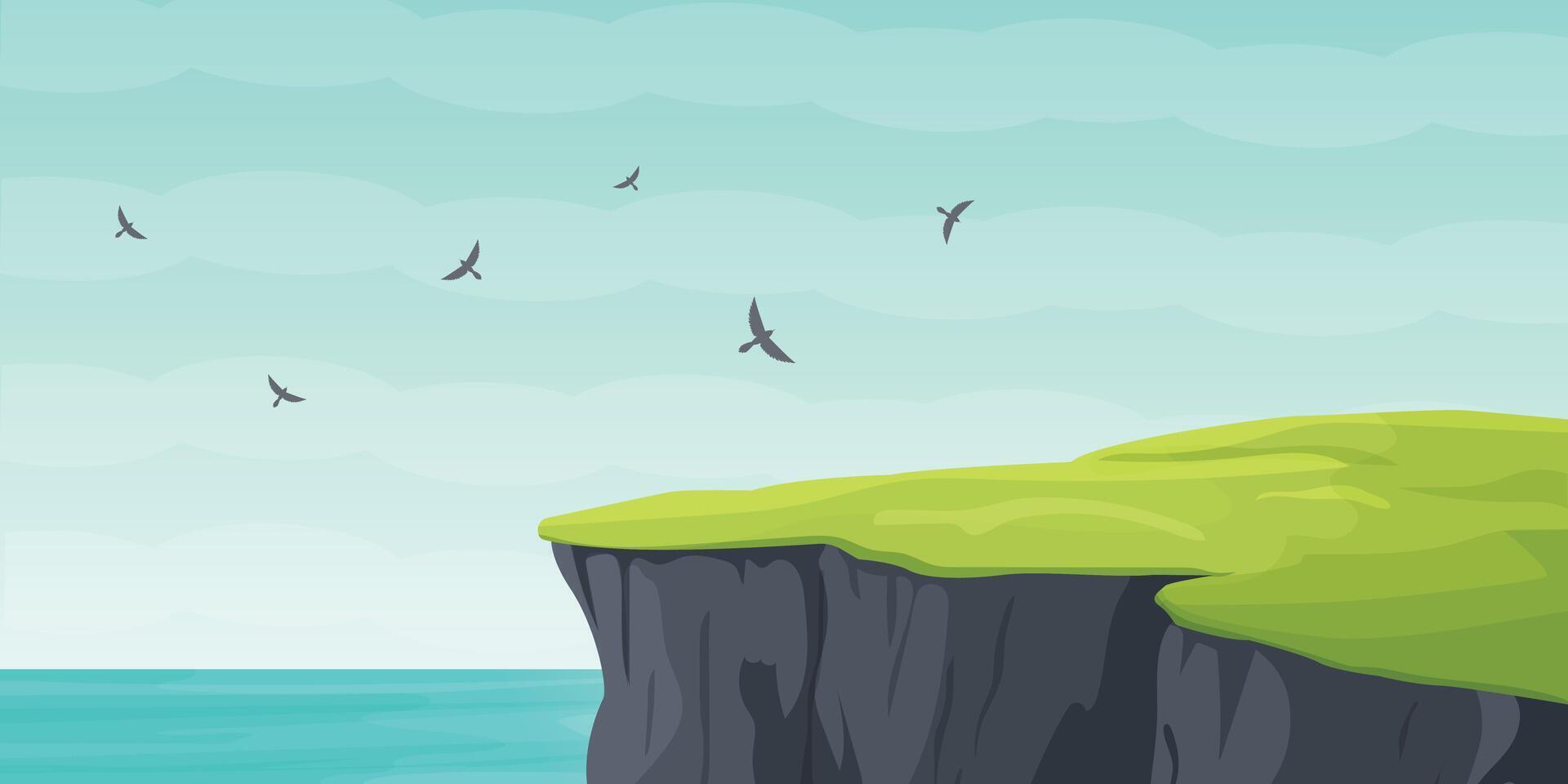 Peaceful Seaside Cliff Panorama Flat Scene. vector