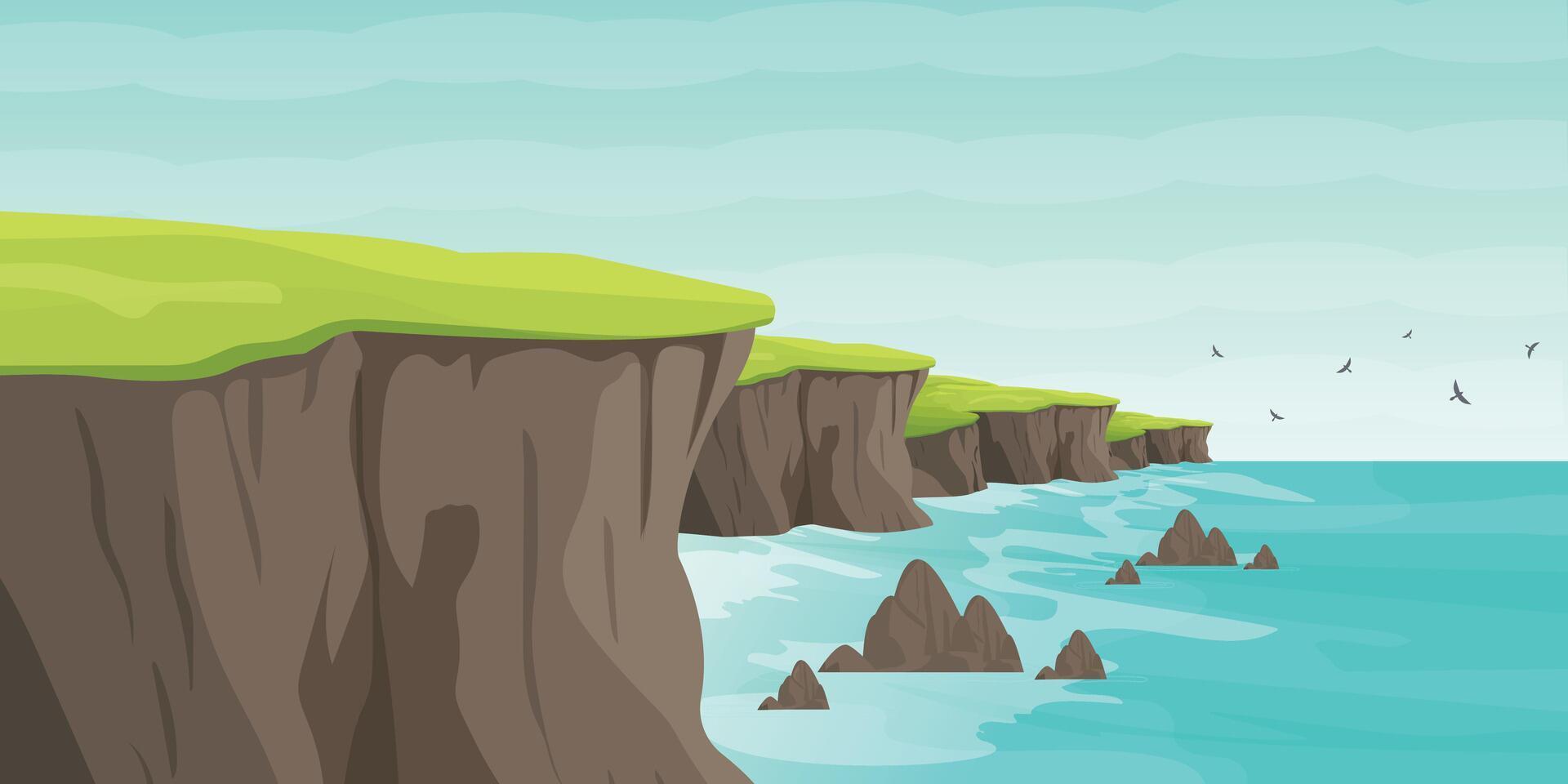 Scenic Sea View with Coastal Cliffs Flat Landscape. vector