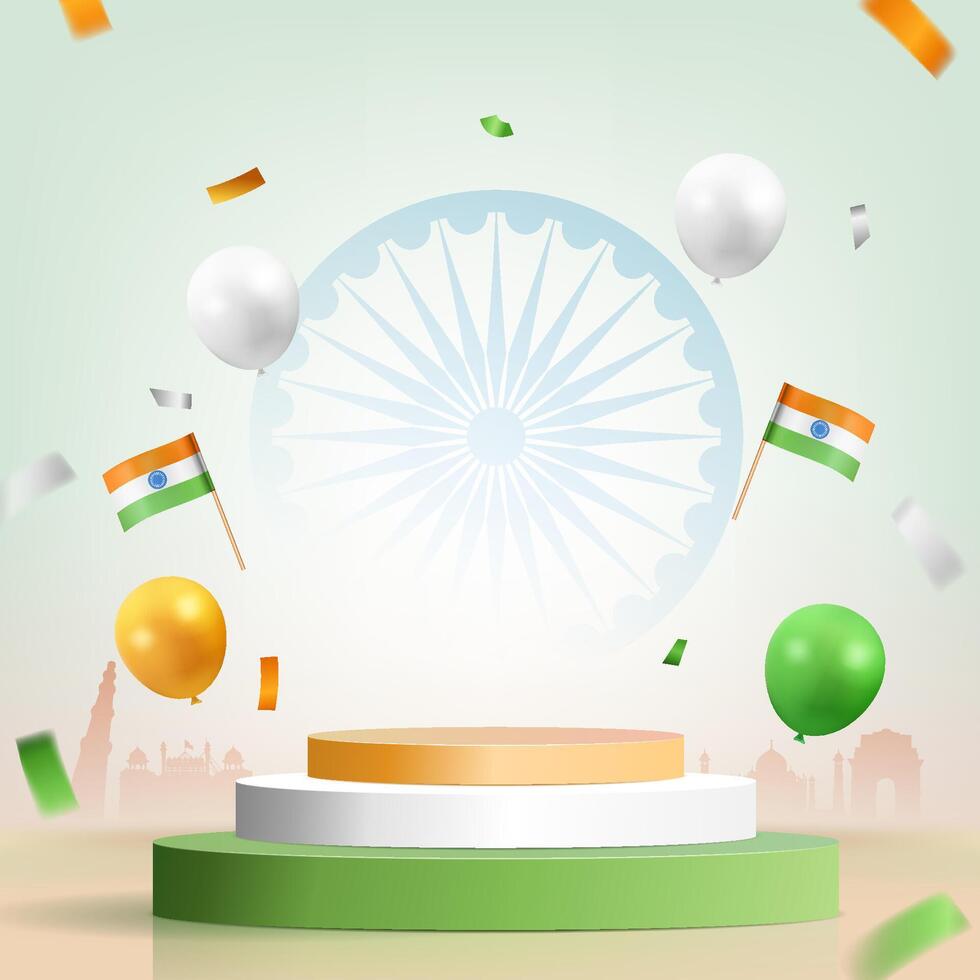 india independence day abstract square banner design with tricolor podium, flags, and balloons illustration, republic day india background vector