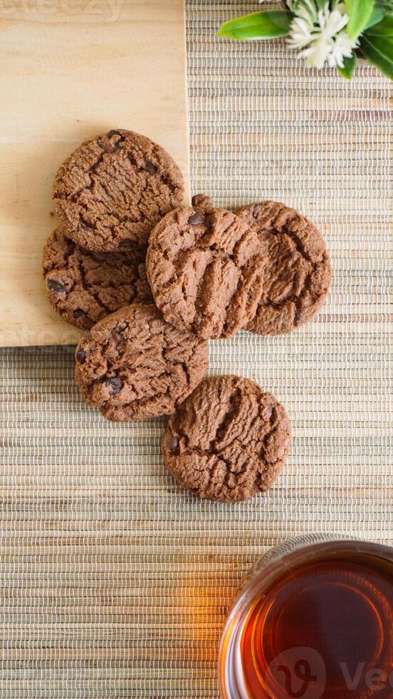 Chocolate cookies with a cup of tea photo