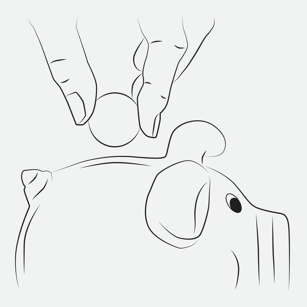 Hand sketch putting coins into piggy ban vector