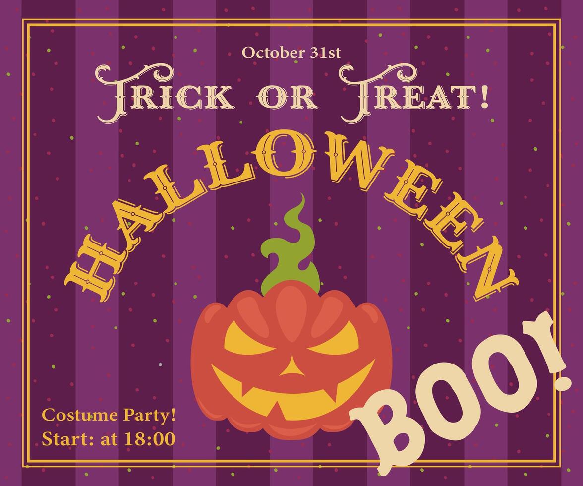 Halloween card with the pumkin Jack O Lantern face. Costume party announce on a dark creepy background. illustration. vector