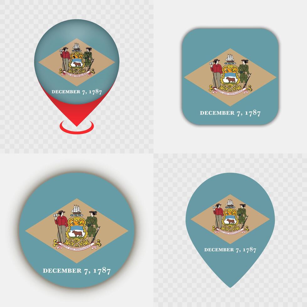 Set of Delaware State Flag Icons and Map Pins. vector