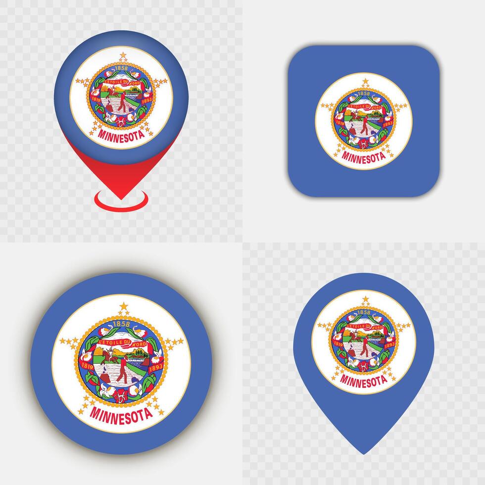 Set of Minnesota State Flag Icons and Map Pins. vector